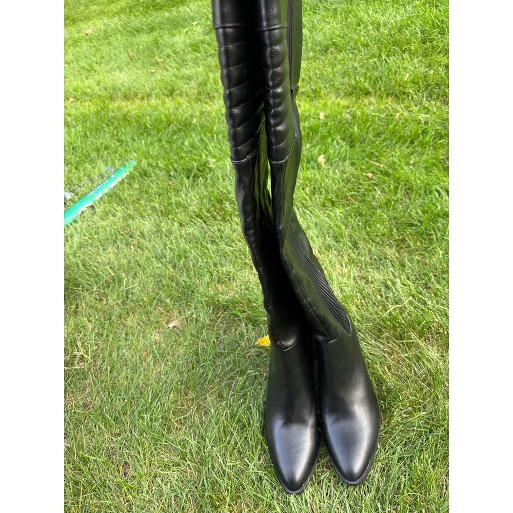 Shoedazzle Jodie Black Faux Leather thigh high Block Heel Moto Boots Womens 9.5